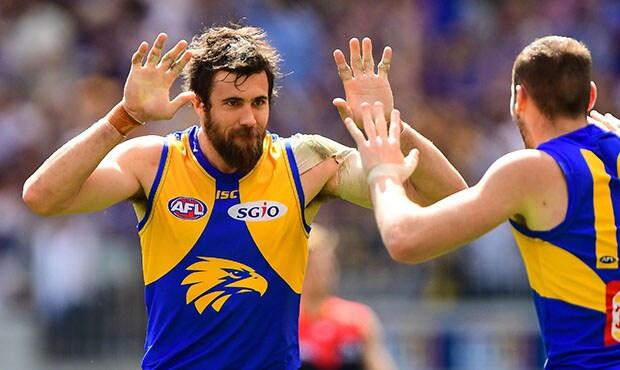 AFL 2018 Second Preliminary Final - West Coast v Melbourne PERTH, AUSTRALIA - SEPTEMBER 22: Josh Kennedy of the Eagles celebrates a goal during the 2018 AFL Second Preliminary Final match between the West Coast Eagles and the Melbourne Demons at Optus Stadium on September 22, 2018 in Perth, Australia. (Photo by Daniel Carson/AFL Media)